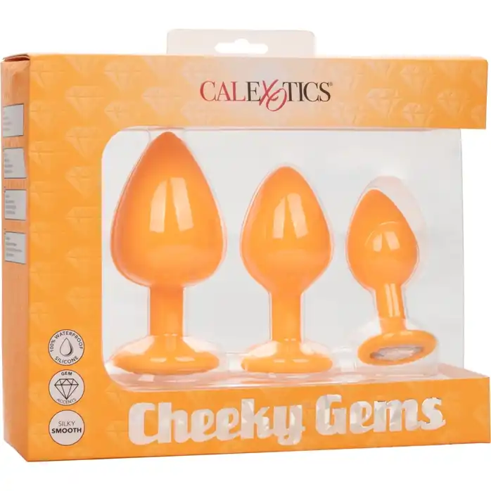Набор из трёх оранжевых анальных пробок с кристаллом Cheeky Gems - Anal Toys. Фотография 4.