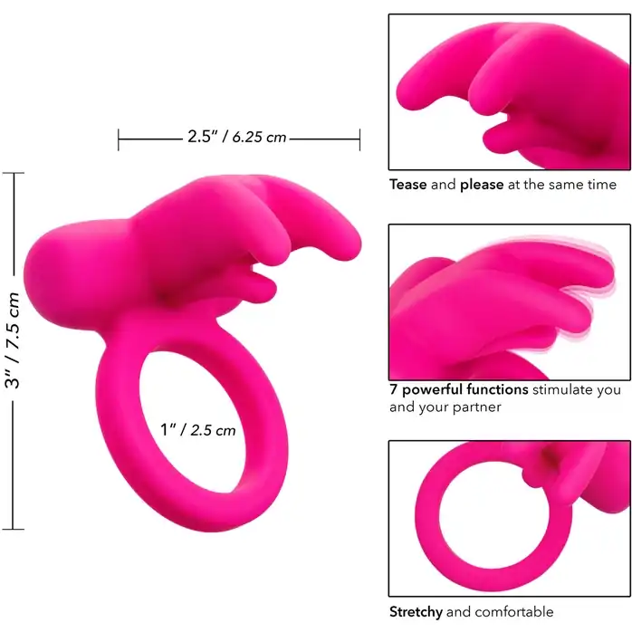 Розовое перезаряжаемое кольцо Silicone Rechargeable Triple Clit Flicker - Couples Enhancers. Фотография 3.