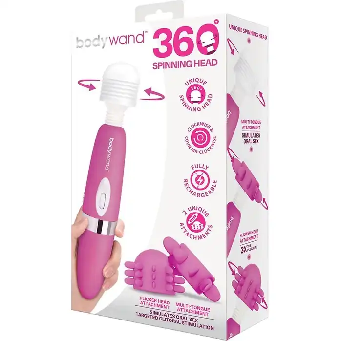 Розовый ротационный жезловый вибратор с двумя насадками 360° Spinning Head Wand Massager Set. Фотография 2.