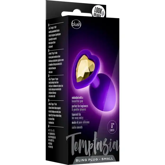 Фиолетовая анальная пробка с золотистым кристаллом-сердцем Bling Plug Small - 7,6 см - Temptasia. Фотография 3.