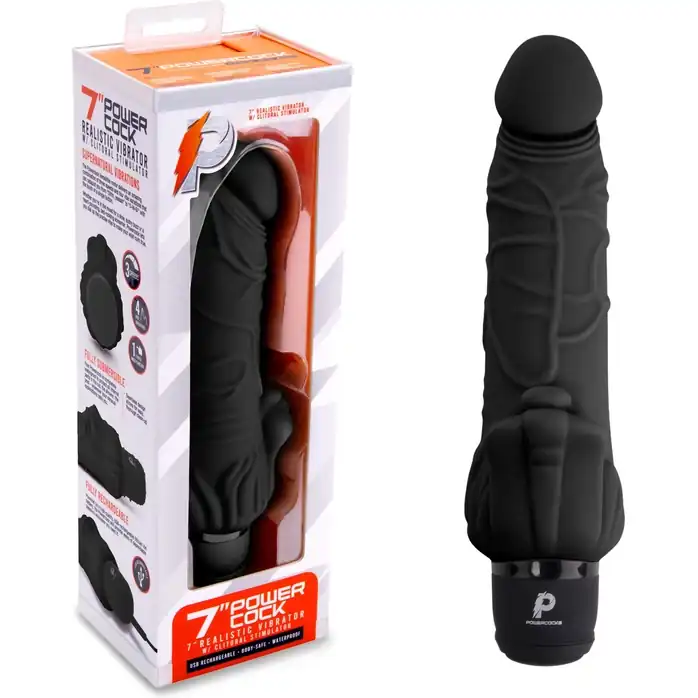 Черный вибратор-реалистик с клиторальными лепестками 7 Realistic Vibrator - 21,5 см