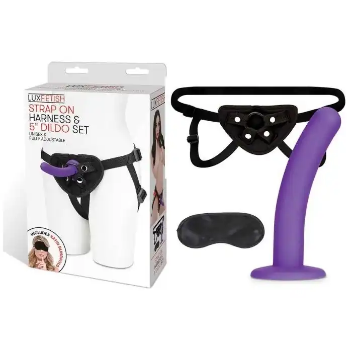 Фиолетовый поясной фаллоимитатор Strap on Harness 5in Dildo Set - 12,25 см. Фотография 2.