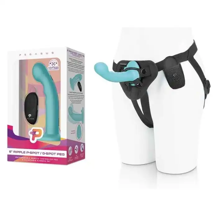 Голубая изогнутая насадка 6in Remote Control Ripple P-Spot G-Spot на черных трусиках - 16 см. Фотография 3.