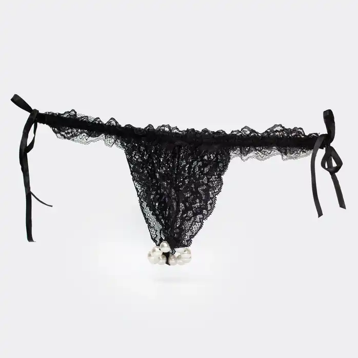 Набор Brazilian Panty: черные трусики со стимулирующими бусинами и массажный гель Sliding Gel Strawberry. Фотография 2.