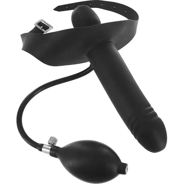Черный надувной кляп-страпон Inflatable Gag with Dildo - 14,5 см - Master Series. Фотография 2.