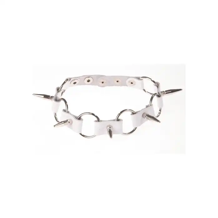 Белый кожаный ошейник с кольцами и шипами - BDSM accessories