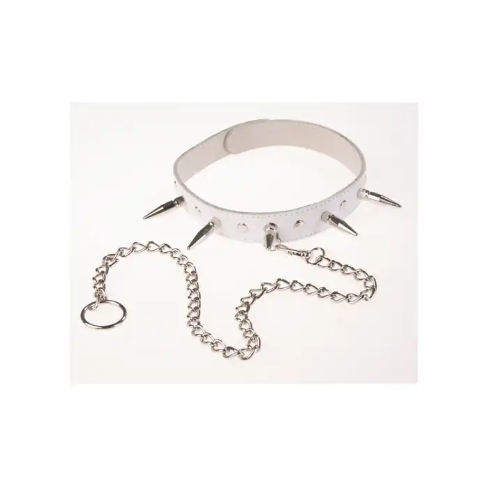 Белый кожаный ошейник с шипами и цепочкой - BDSM accessories