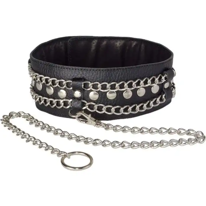 Чёрный ошейник с цепочками и поводком - BDSM accessories. Фотография 2.