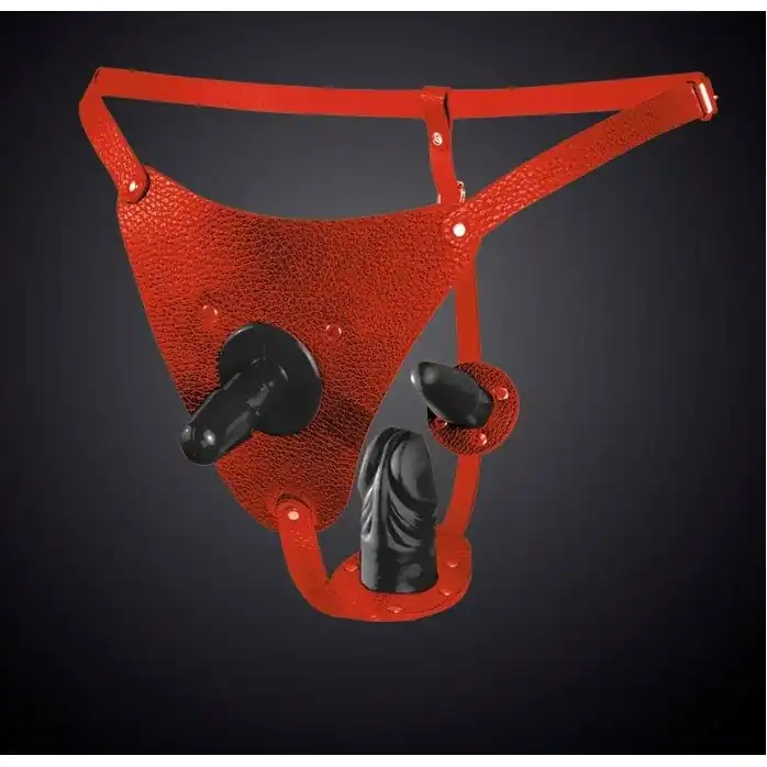 Красные кожаные трусики со штырьком и двумя съёмными стимуляторами - BDSM accessories