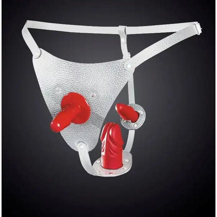 Кожаные белые трусики со штырьком для насадок - BDSM accessories