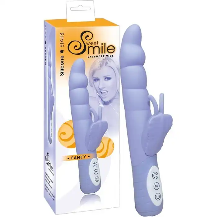 Сиреневый вибратор со стимулятором-бабочкой - 24 см - Smile