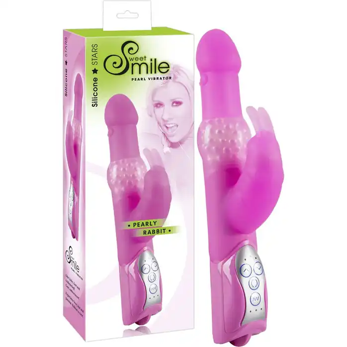 Розовый вибромассажёр с клиторальным зайчиком Pearly Rabbit - 26 см - Smile