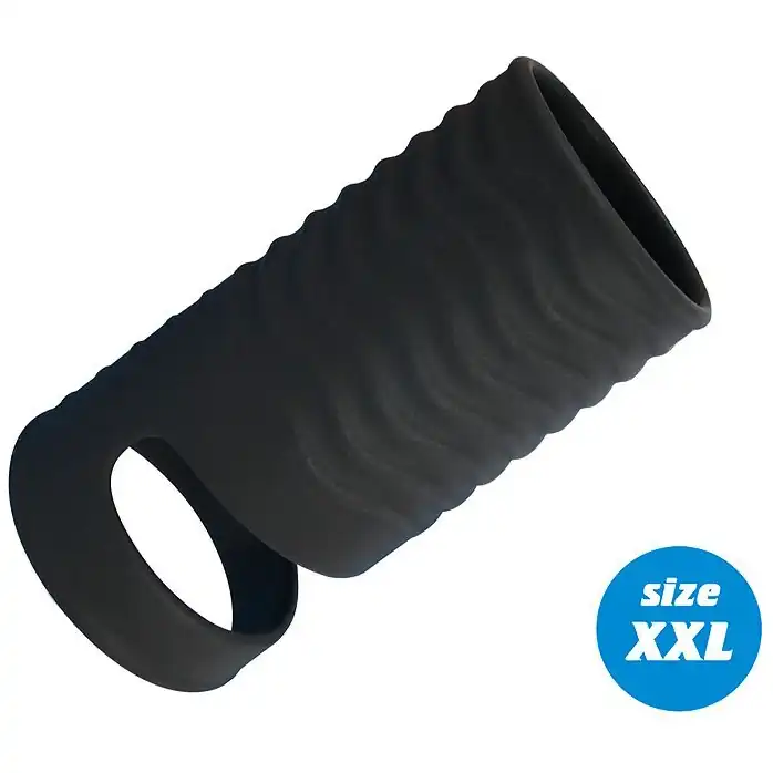 Черная открытая насадка на пенис с кольцом для мошонки XXL-size - 9,4 см - SEX EXPERT PREMIUM
