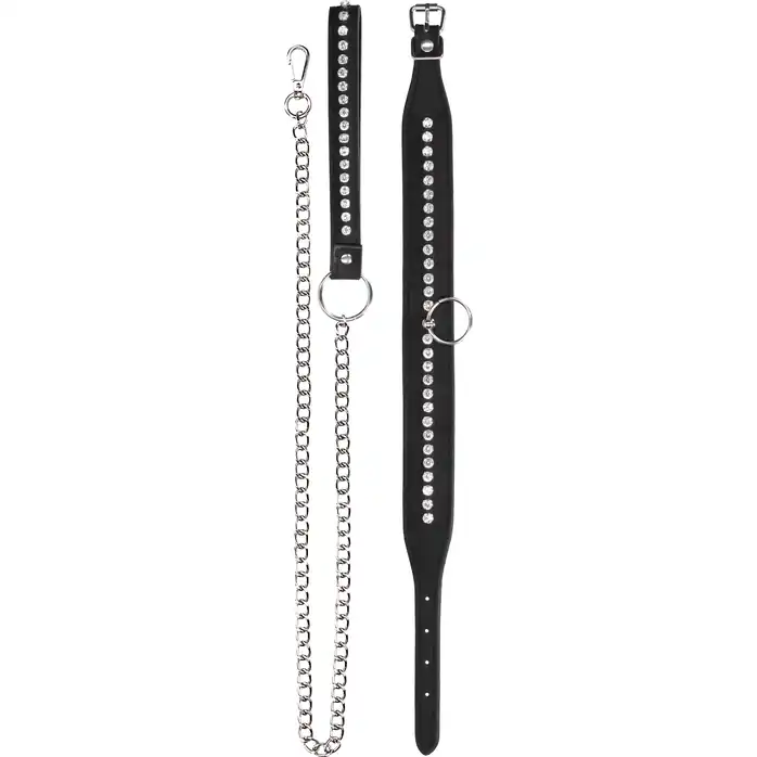 Черный ошейник с поводком Diamond Studded Collar With Leash - Ouch!. Фотография 2.