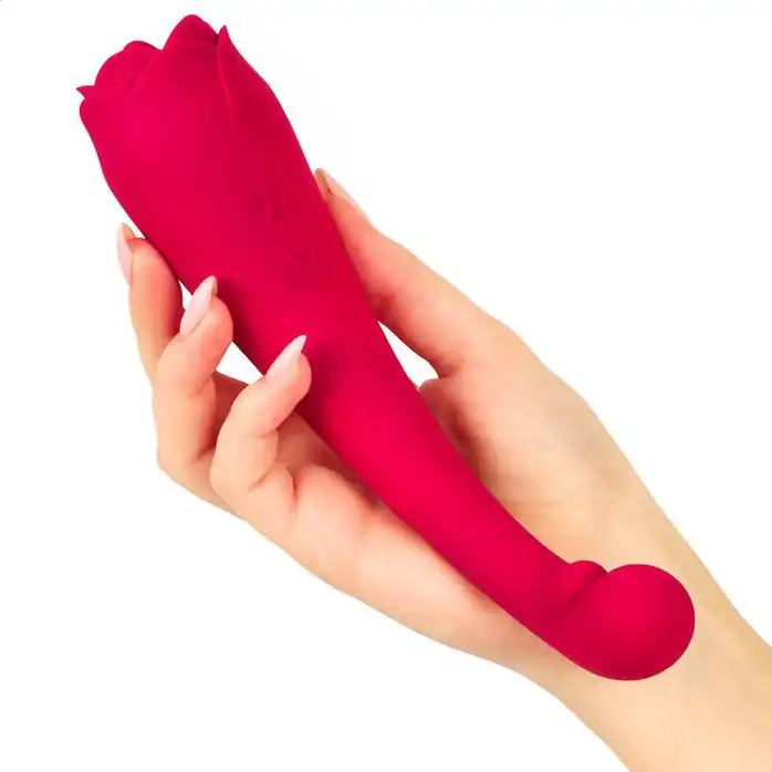 Малиновый двусторонний вибростимулятор с подвижным язычком - 19 см - VIVA ROSE TOYS. Фотография 3.