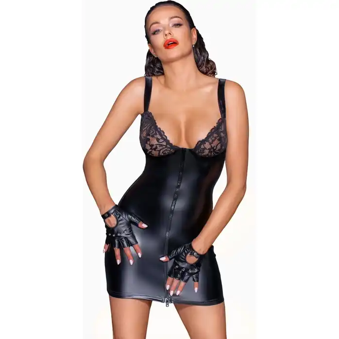 Мини-платье с кружевным лифом и двусторонней молнией Powerwetlook mini-dress with lace chest and 2-way zipper. Фотография 3.