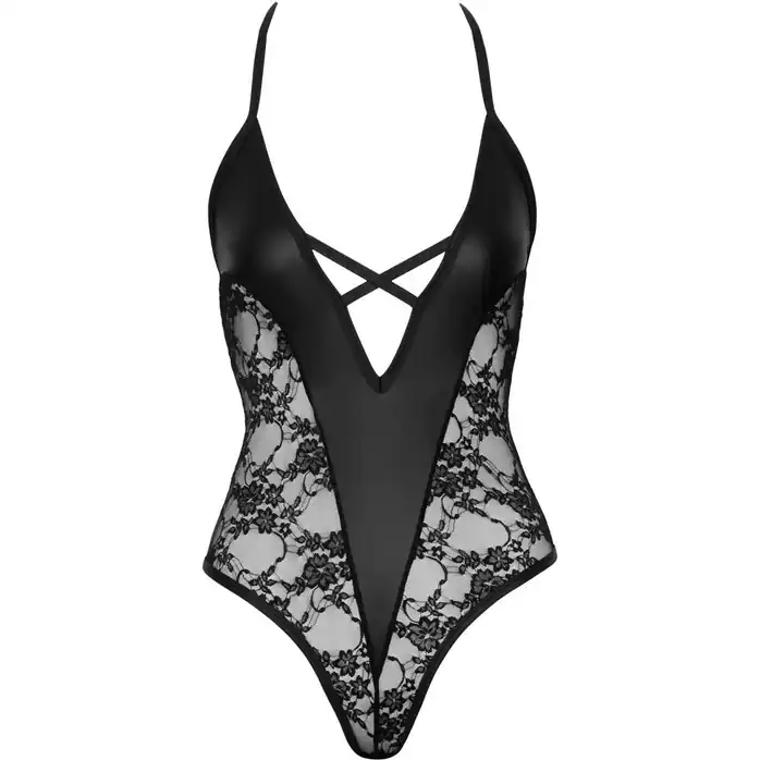 Сексуальное боди из цветочного кружева и wet-look материала - Cottelli Collection. Фотография 4.