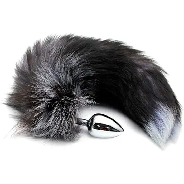 Серебристая анальная пробка с темным лисьим хвостом Black White Fox Tail Size M - Alive