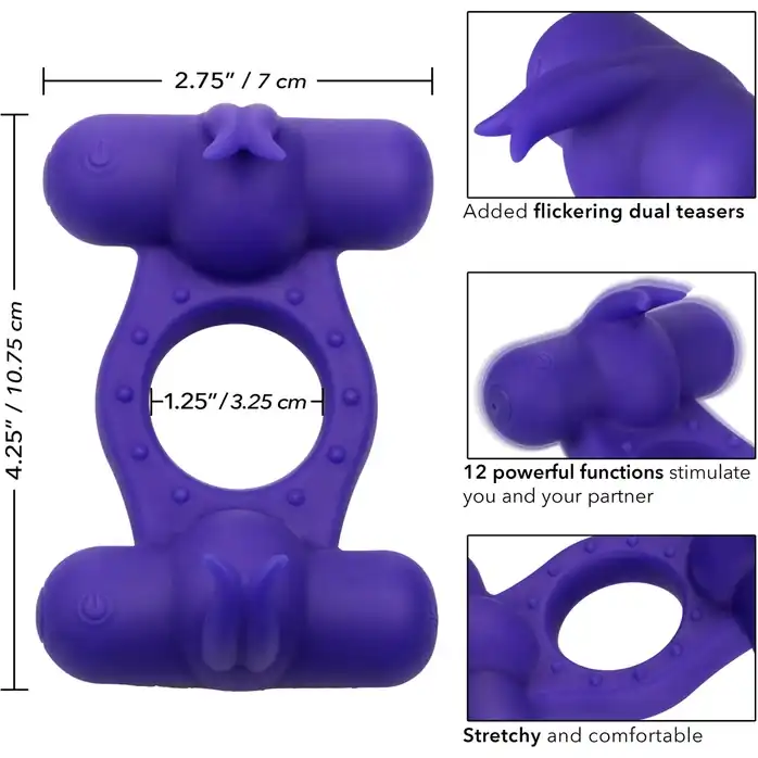 Фиолетовое эрекционное виброкольцо с двумя моторами Silicone Rechargeable Triple Orgasm Enhancer - Couples Enhancers. Фотография 4.
