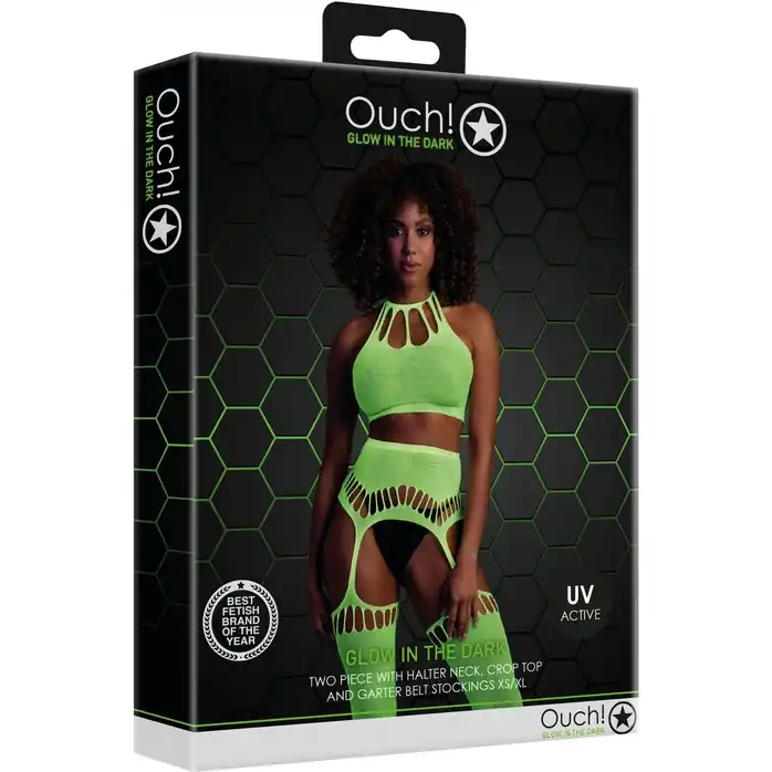 Неоновый комплект белья Two Piece with Crop Top and Stockings - Ouch!. Фотография 3.