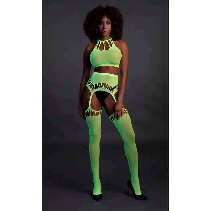 Неоновый комплект белья Two Piece with Crop Top and Stockings - Ouch!