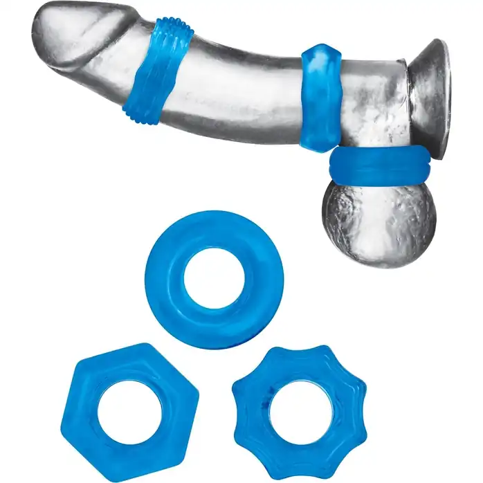 Комплект из трех голубых колец для эрекции 3-Pack Nuts Bolts Stretch Cock Ring Set. Фотография 3.