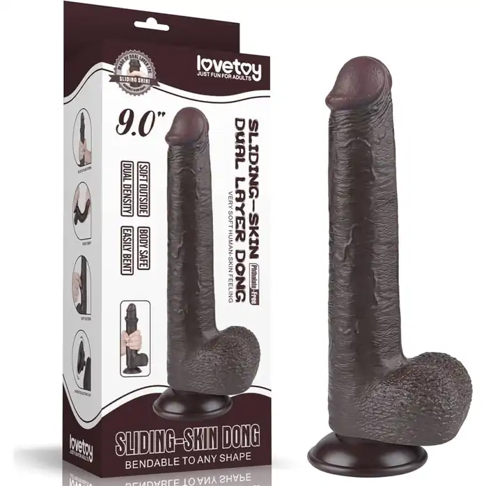 Коричневый фаллоимитатор 9 Sliding Skin Dual Layer Dong на присоске - 22 см