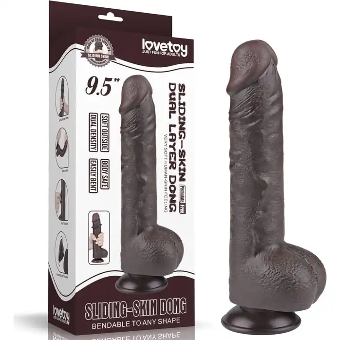 Коричневый фаллоимитатор 9.5 Sliding Skin Dual Layer Dong на присоске - 24 см