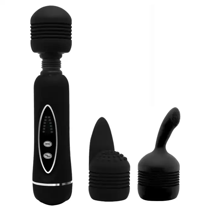 Черный вибромассажер со сменными насадками Power Wand - 20,5 см