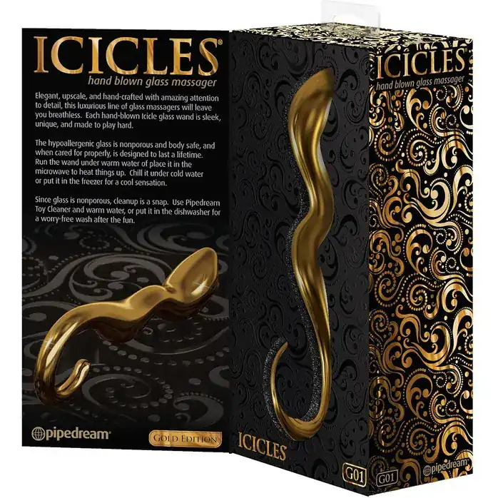 Золотистый стеклянный фаллоимитатор для стимуляции точки G - 18 см - Icicles Gold Edition. Фотография 2.