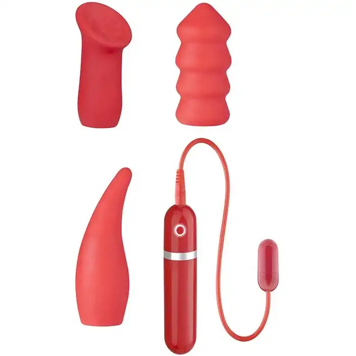 Маленькая вибропуля с 3 красными насадками NEON SECRET DESIRES 10FUNC. VIBRATOR KIT - Neon