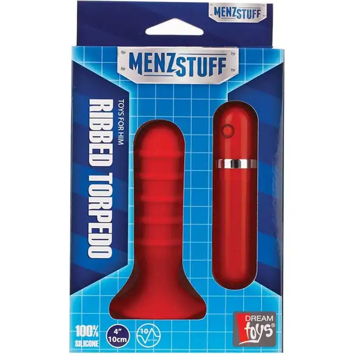 Малый красный вибромассажер для анальной стимуляции MENZSTUFF RIBBED TORPEDO - 10 см - MenzStuff. Фотография 2.