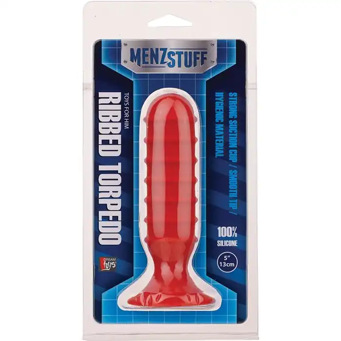Красный ребристый массажер для анальной стимуляции MENZSTUFF RIBBED TORPEDO PLUG - 13 см - MenzStuff. Фотография 2.
