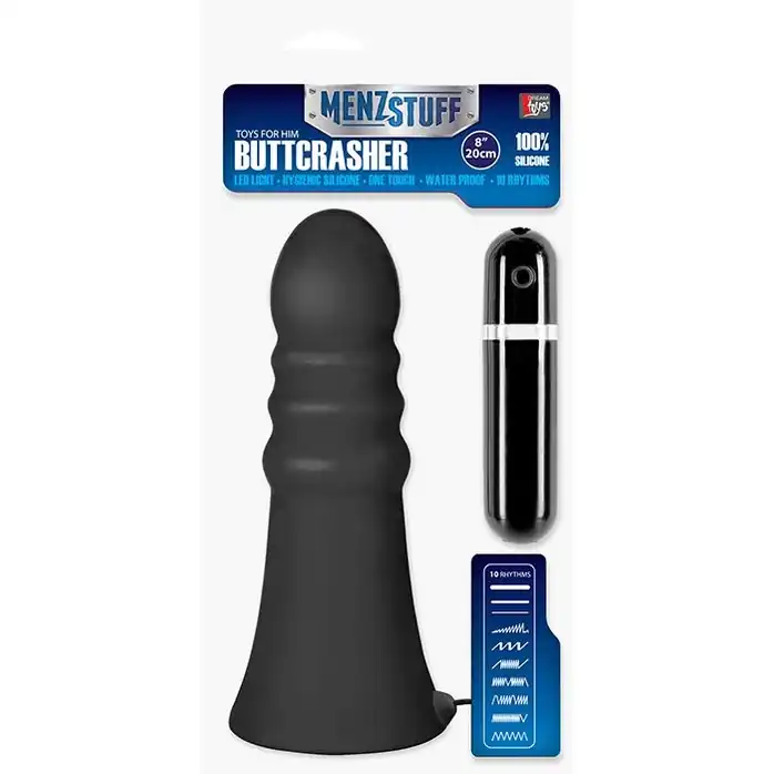 Большой чёрный анальный вибратор MENZSTUFF VIBRATING BUTTCRASHER RIBBED - 20 см - MenzStuff. Фотография 2.