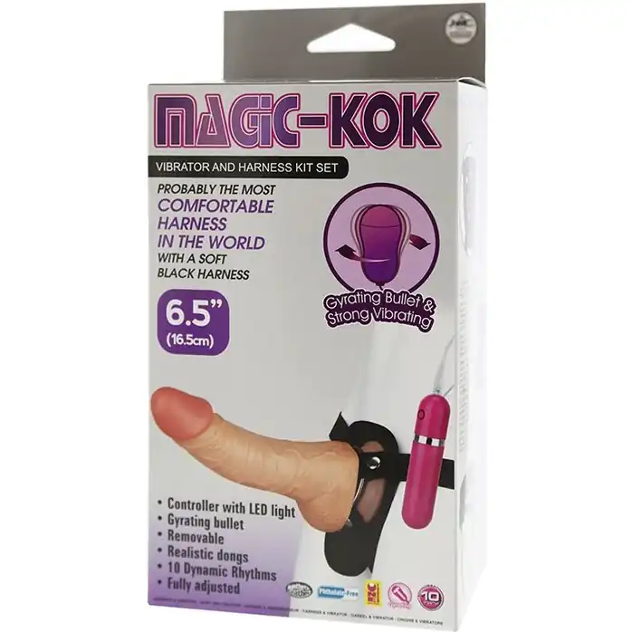 Телесный вибромассажер-фаллос с креплением на поясе MAGIC-KOK VIBRATOR AND HARNESS KIT. Фотография 2.