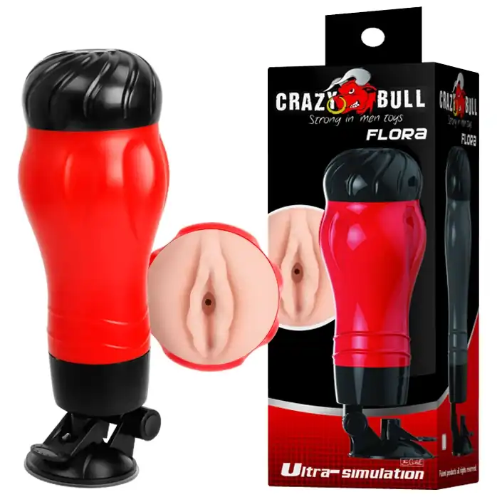 Красный мастурбатор-вагина Flora с присоской в основании - Crazy Bull