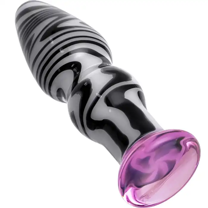 Белая анальная пробка из стекла с чёрными полосами - 12,5 см - Sexus Glass. Фотография 2.