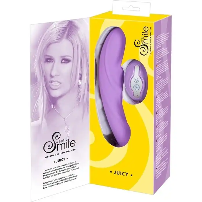 Полый фиолетовый страпон Juicy с вибрацией и выносным пультом - 21 см - Smile. Фотография 4.