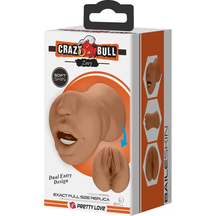 Темно-бежевый двусторонний мастурбатор Zoey - ротик и вагина - Crazy Bull. Фотография 9.