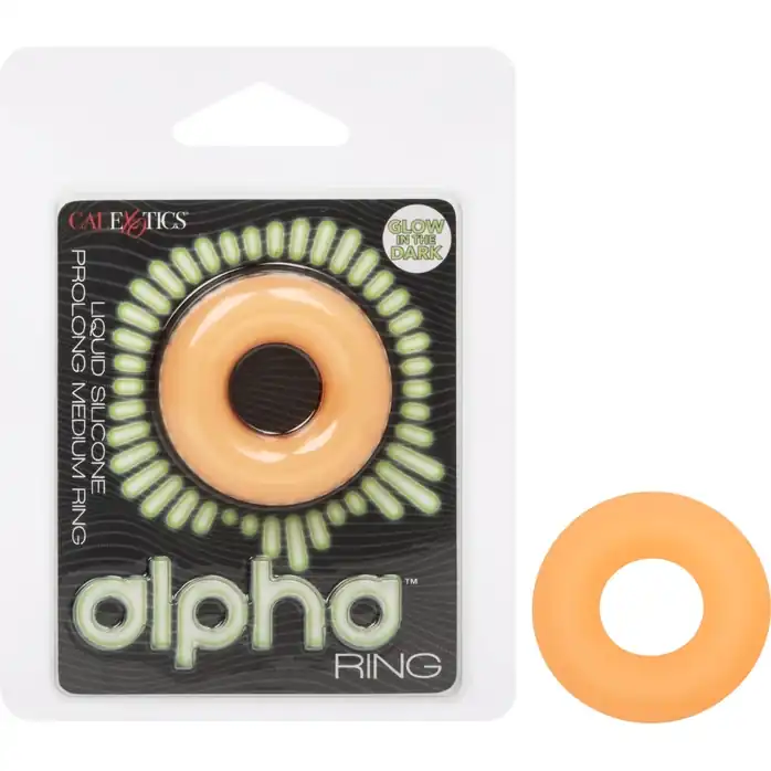Оранжевое люминесцентное эрекционное кольцо Glow-In-The-Dark Liquid Silicone Prolong Medium Ring - Alpha. Фотография 2.