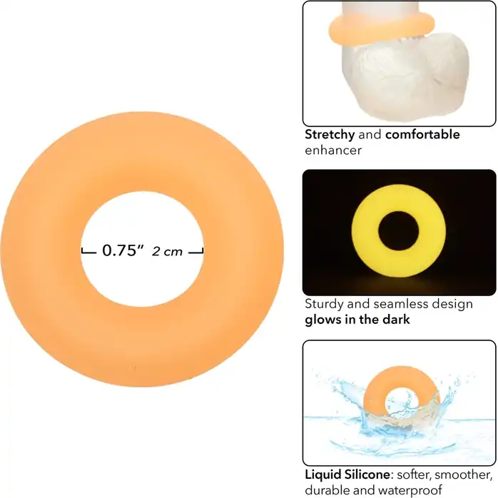 Оранжевое люминесцентное эрекционное кольцо Glow-In-The-Dark Liquid Silicone Prolong Medium Ring - Alpha. Фотография 3.