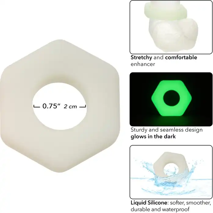 Белое люминесцентное эрекционное кольцо Glow-In-The-Dark Liquid Silicone Prolong Sexagon Ring - Alpha. Фотография 3.