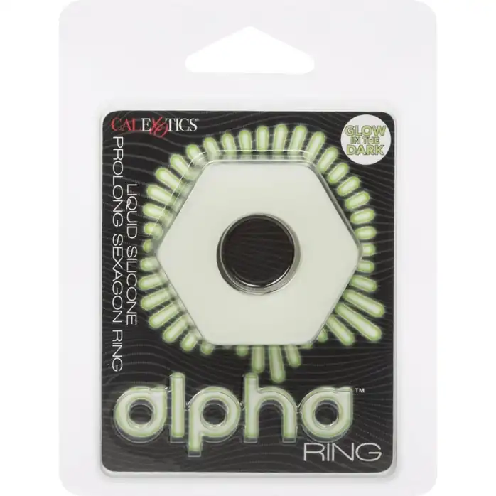 Белое люминесцентное эрекционное кольцо Glow-In-The-Dark Liquid Silicone Prolong Sexagon Ring - Alpha. Фотография 6.