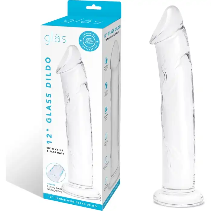 Большой стеклянный стимулятор 12’’ Glass Dildo With Veins Flat Base - 28 см. Фотография 2.