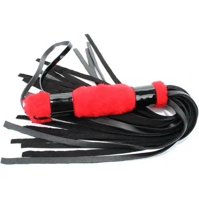 Черная плеть с красной меховой рукоятью - 44 см - BDSM Light