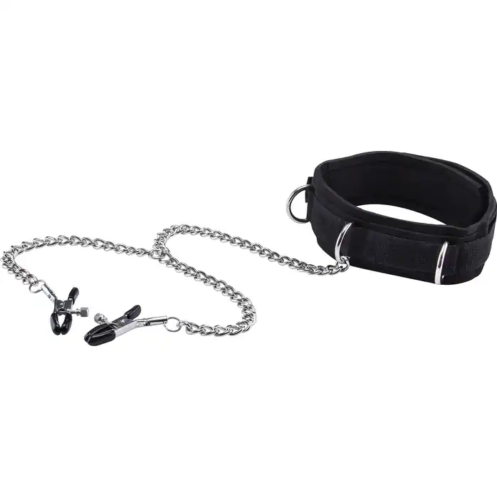 Чёрный воротник с зажимами для сосков Velcro Collar - Ouch!