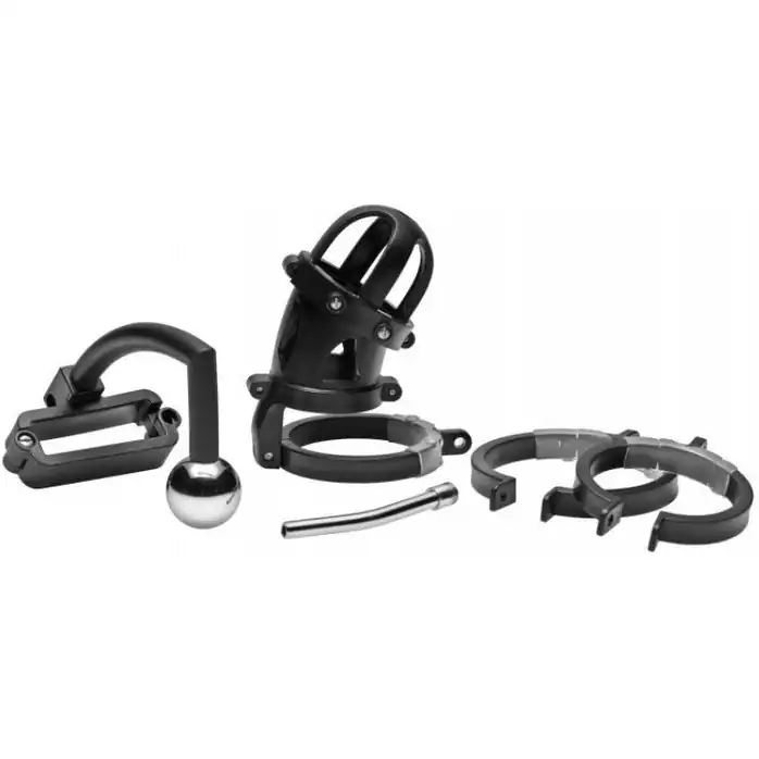 Пояс верности Oppressor Male Confinement Chastity Cage with Ball Clamp and Anal Hook - Master Series. Фотография 4.