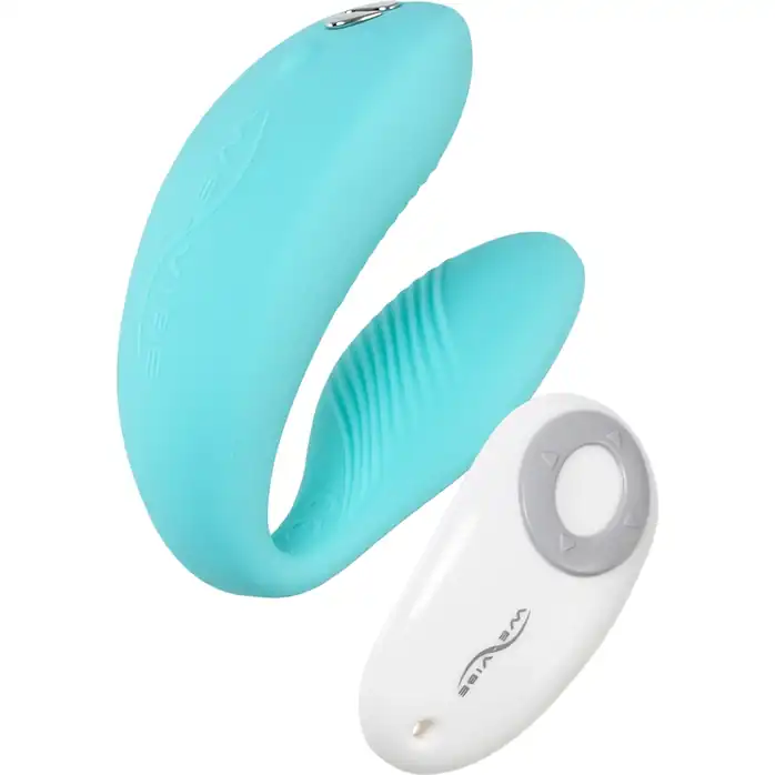Голубой вибромассажер для пар We-Vibe Sync Aqua на радиоуправлении