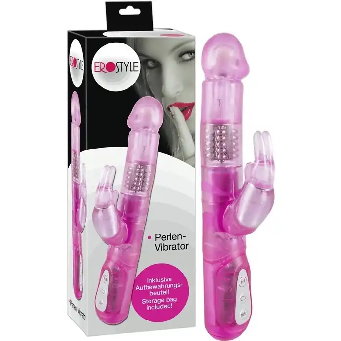 Розовый вибратор с ротацией бусин и клиторальным отростком EroStyle Pearl - 23 см