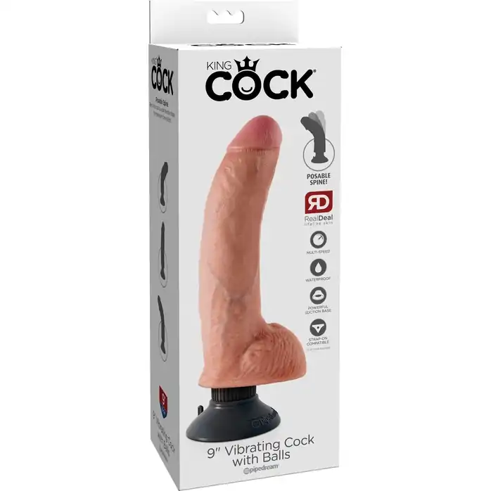Телесный виброфаллос со съемной присоской 9 Vibrating Cock with Balls - 22,9 см - King Cock. Фотография 7.